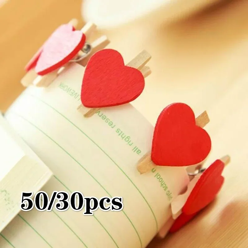 Clip de clavijas de corazón de madera para decoración de boda, Clips de papel de corazón de amor rojo elegante, artesanía, 50 piezas/30 piezas