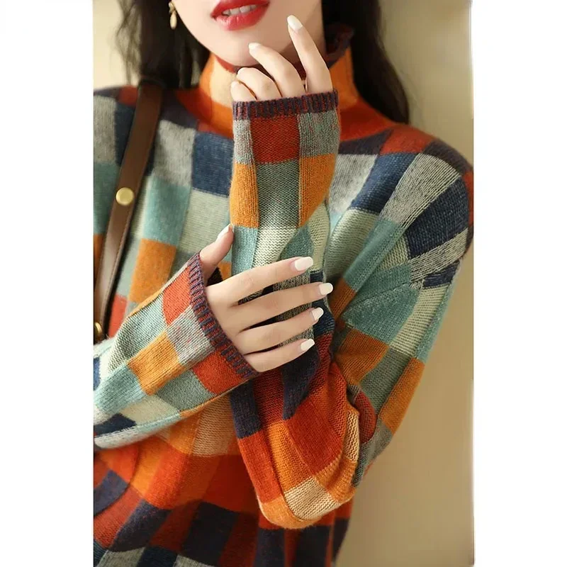 Winter Knitted Women Sweater Plaid Korean Fashion 2024 Turtleneck Long Sleeve Y2K Pullover Soft and Comfortable Sweaters