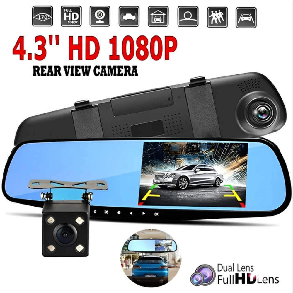 1080P Car DVR Dual Lens Car Camera  4.3 inch Video Recorder Rearview Mirror With Rear view Full HD Dash cam Auto Registrator