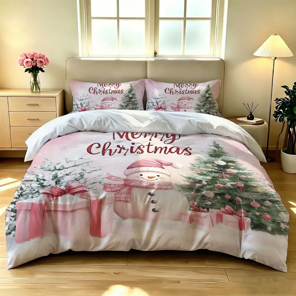 3pcs(1 bedding cover + 2 pillowcases) in pink featuring a Christmas snowman and Christmas tree perfect for home decoration