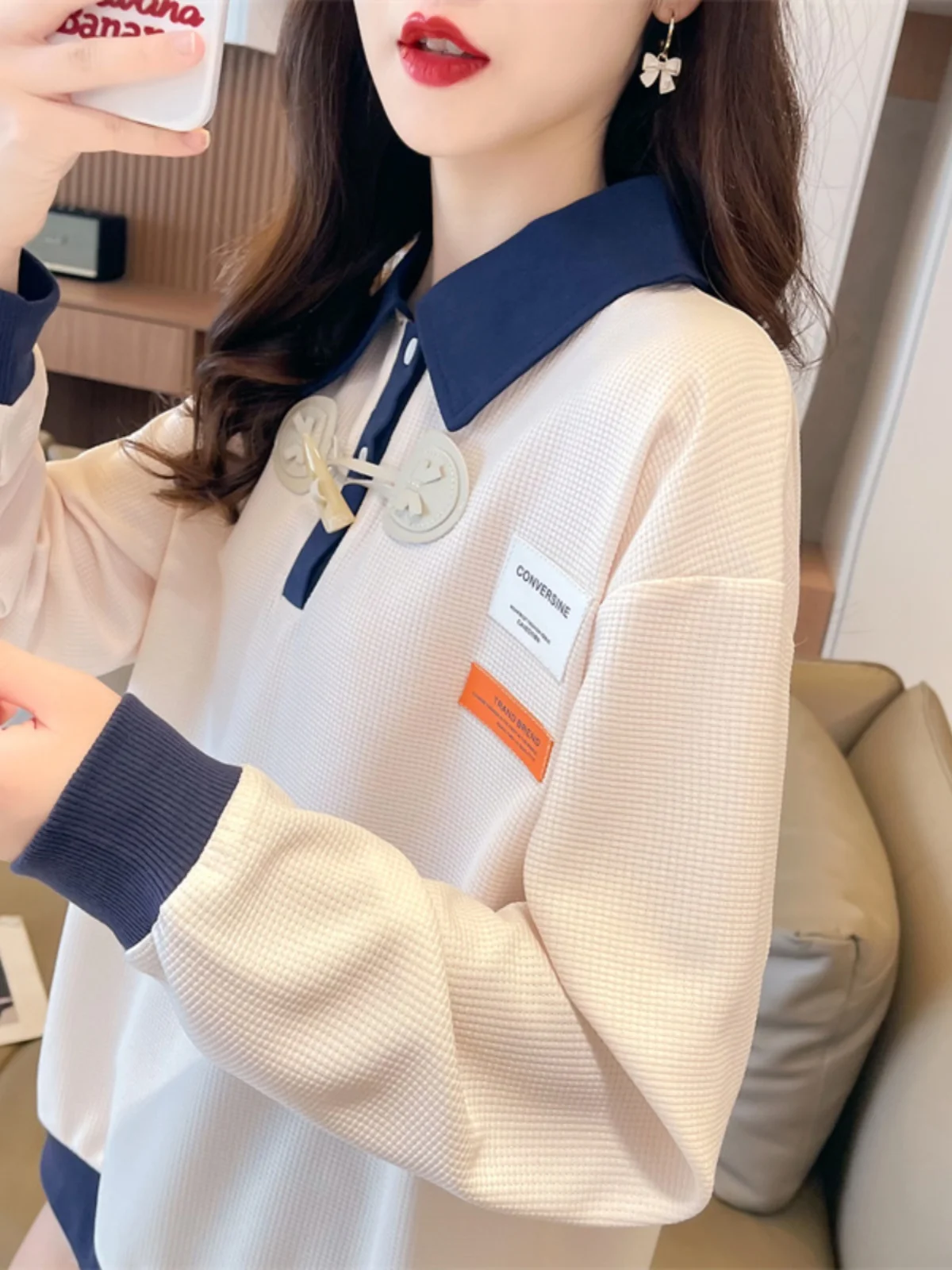 Loose Women's Sweatshirt Large Size Spring Autumn  Collar Waffle Patterned Top Coat Korean Style Long Sleeve Cotton Blend
