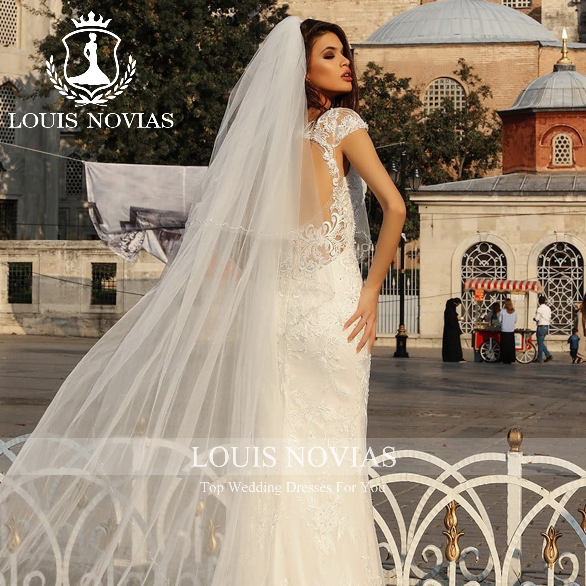 LOUIS NOVIAS 인어 새틴 웨딩 드레스, 2023 반팔 크리스탈 자수, 분리형 기차 웨딩 가운