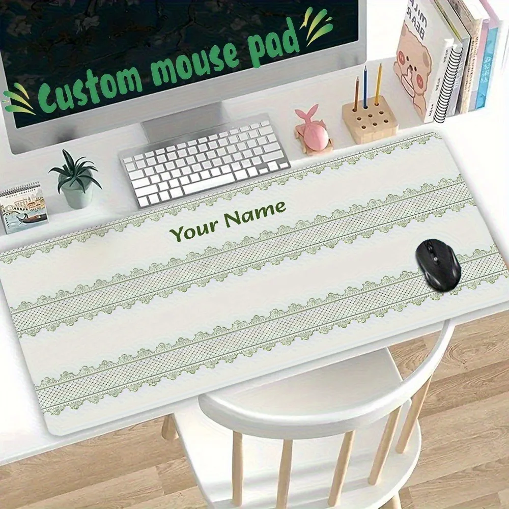 Lightweight Personalized Desk Mat With Precise Stitching, White Background Green Lace Grid Gentle Design