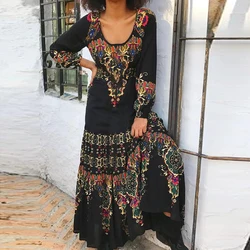 2022 Retro Maxi Dress Women Autumn Long Sleeve O Neck High Waist Dress Vintage Floral Print Boho Beach Long Dress New Vestidos