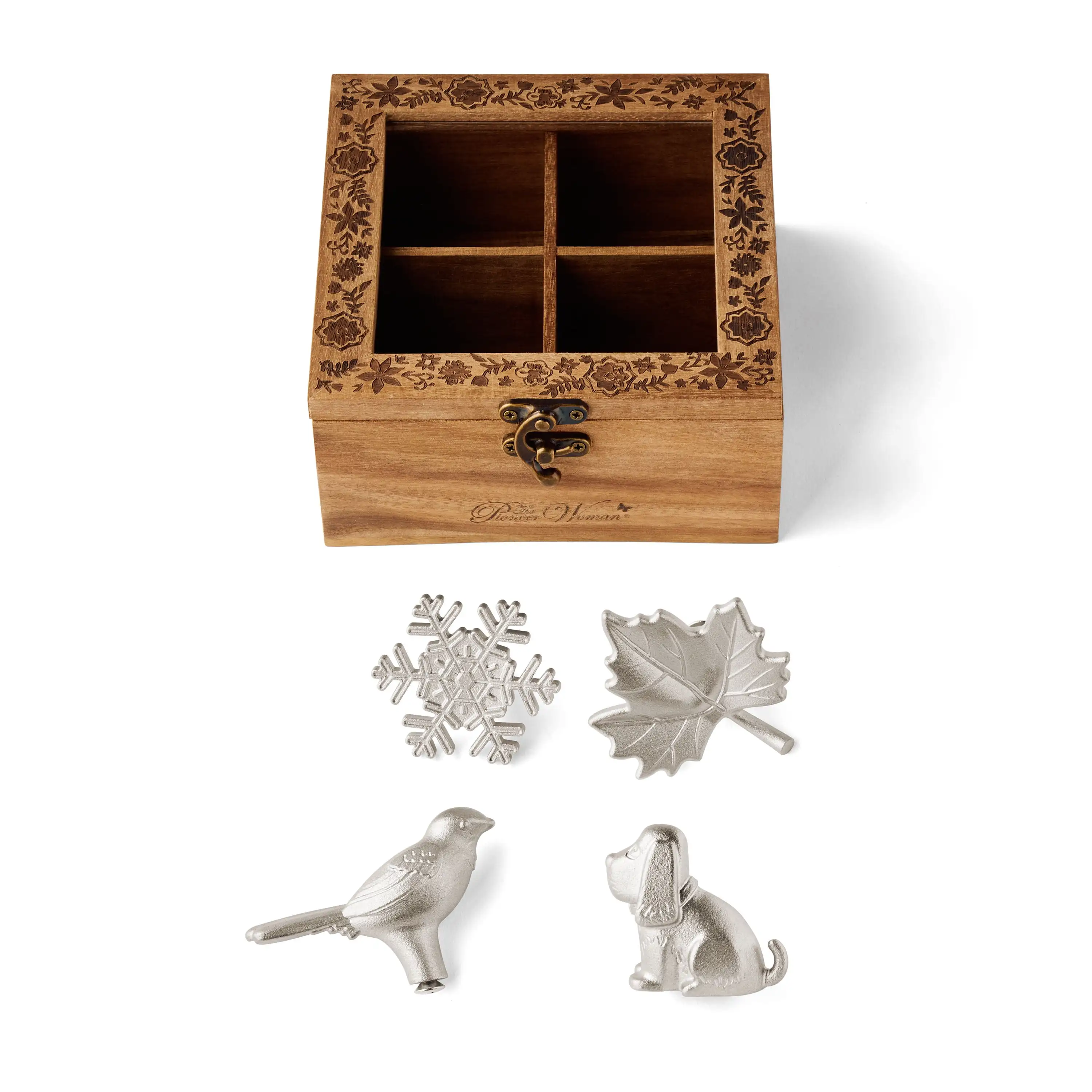 

The Pioneer Woman Dutch Oven Knobs with Wooden Gift Storage Chest, 5-Piece Set