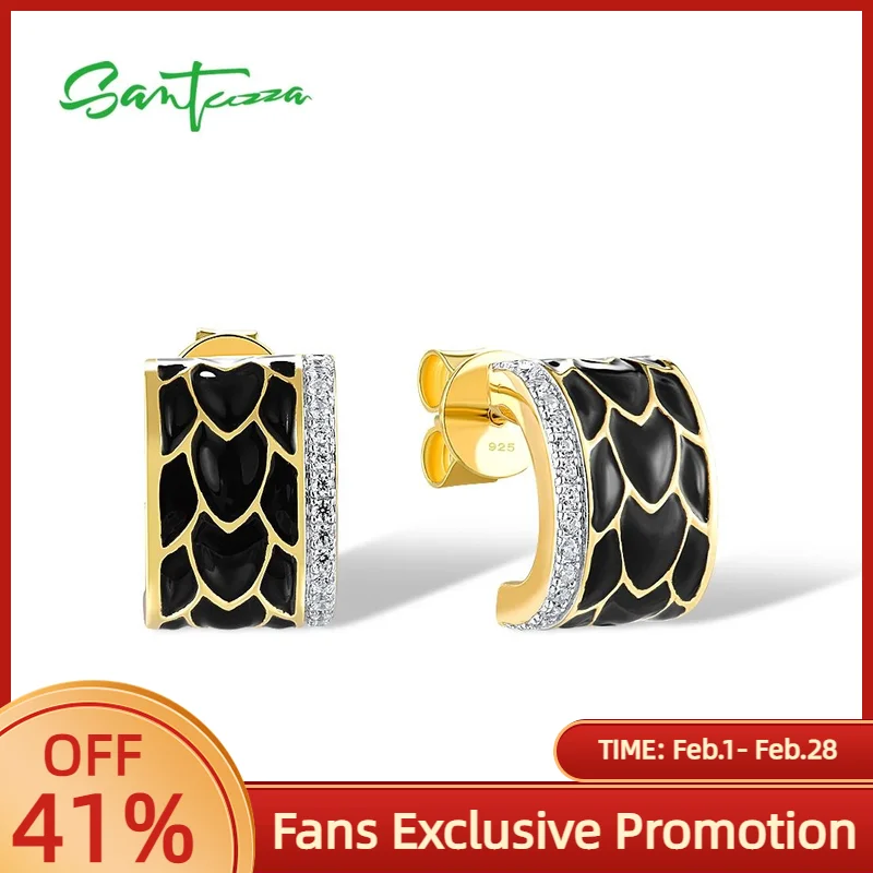 

SANTUZZA Pure 925 Sterling Silver Earrings For Woman Sparkling White CZ Black Enamel Delicate Neutral Style Gifts Fine Jewelry