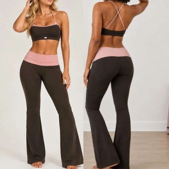 CS+B 2026 Contrast Color Strappy Sports Bra For Women Fold Waist Flare Yoga Trousers Fitness Training Gym Workout Active Wear