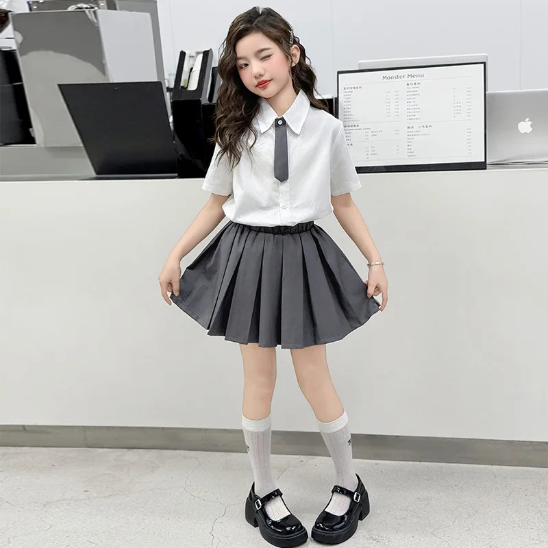 Teen Girls Summer JK clothes set waistcoat vest+white shirt+tie+Pleated skirt 4pcs junior kid skirts suit child outfits 4-14Year