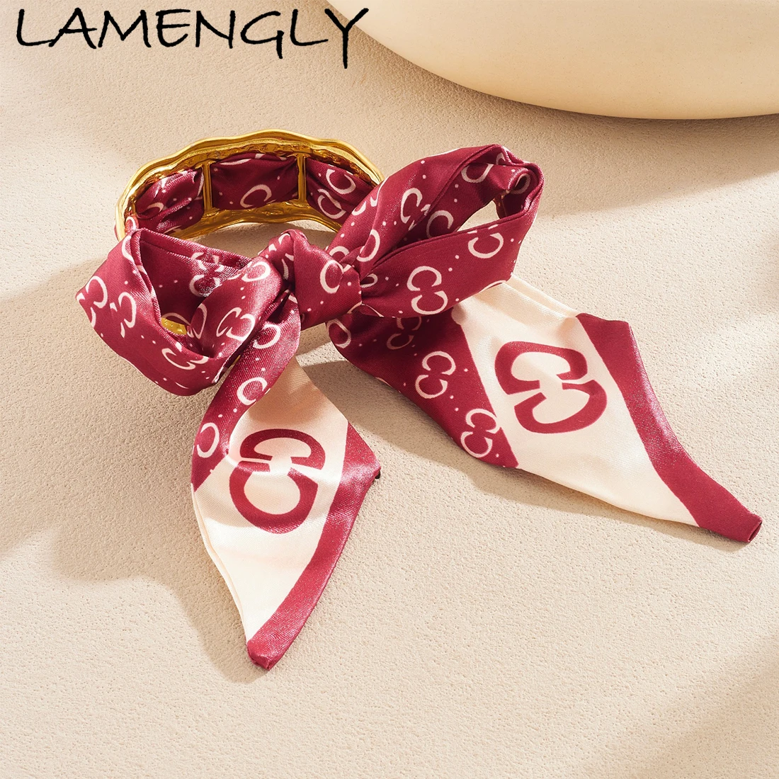 

LAMENGLY Golden Geometric Hollow Dark Red Ribbon Big Bowknot Bracelet Lady 316L Stainless Steel Fun Design Bangle Jewelry Gifts