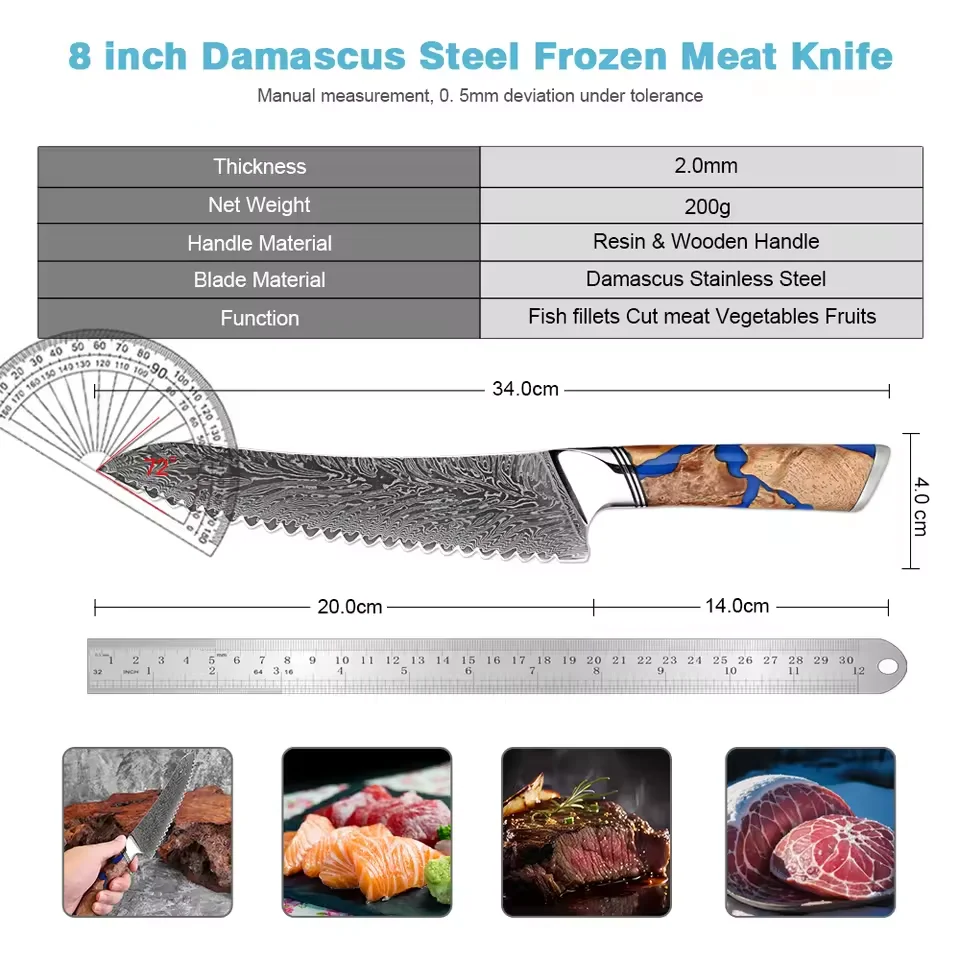 XITUO Damascus Steel 8 Inch Serrated Bread Knife, Slicing Knife for Homemade Bread with Innovative Wavy Edge for Efficient Cut