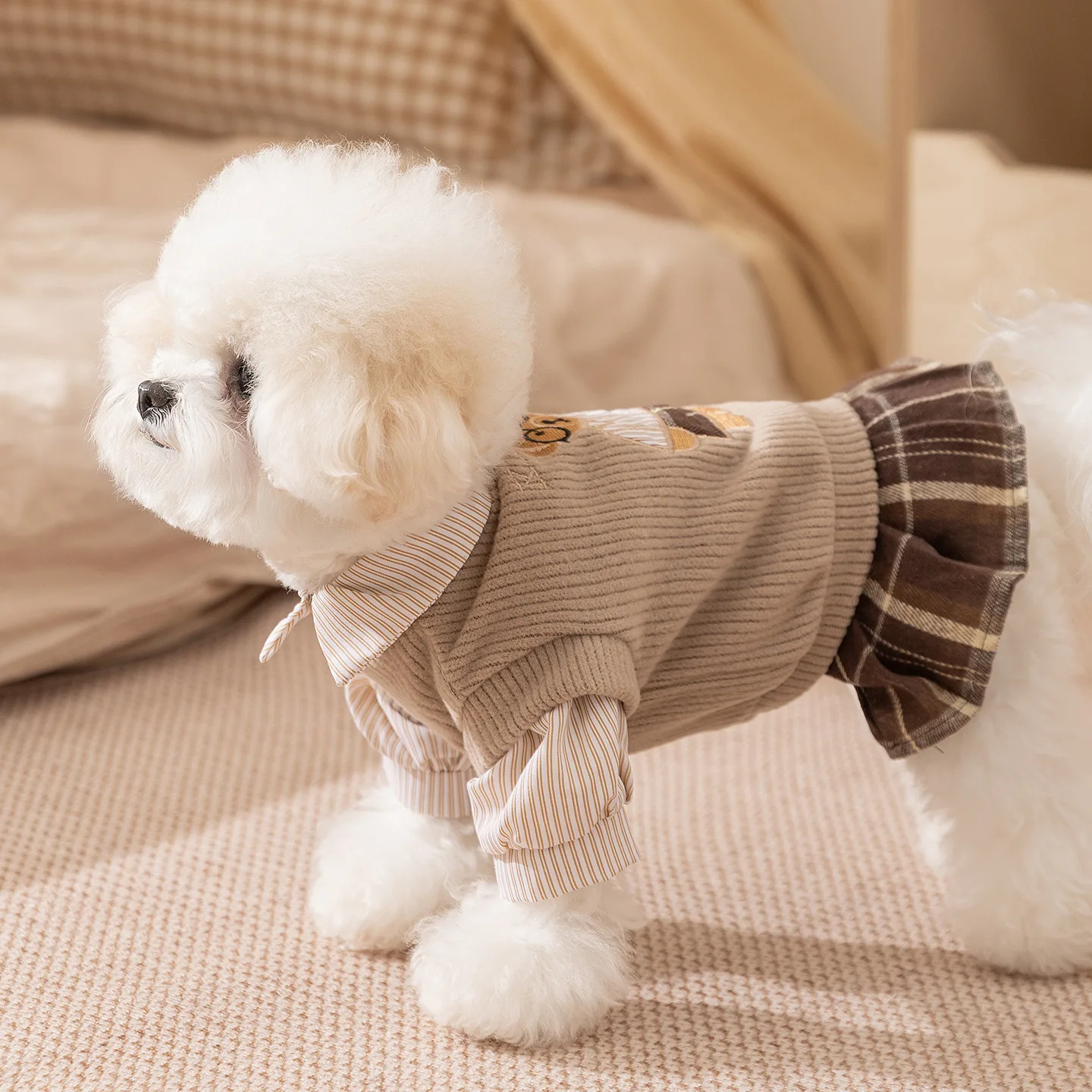1Pcs  Autumn Winter Dog Clothes Preppy Style Bear Embroidered Couple Outfits Two-Piece Shirt Collar Sweatshirt Pet Apparel C162