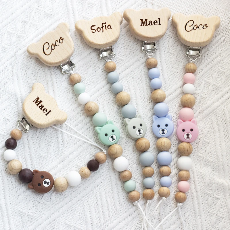 Personalized Name Baby Pacifier Clips Chains Bear Silicone Beads Teethers Dummy Nipple Holder Clip Newborn Teething Toys