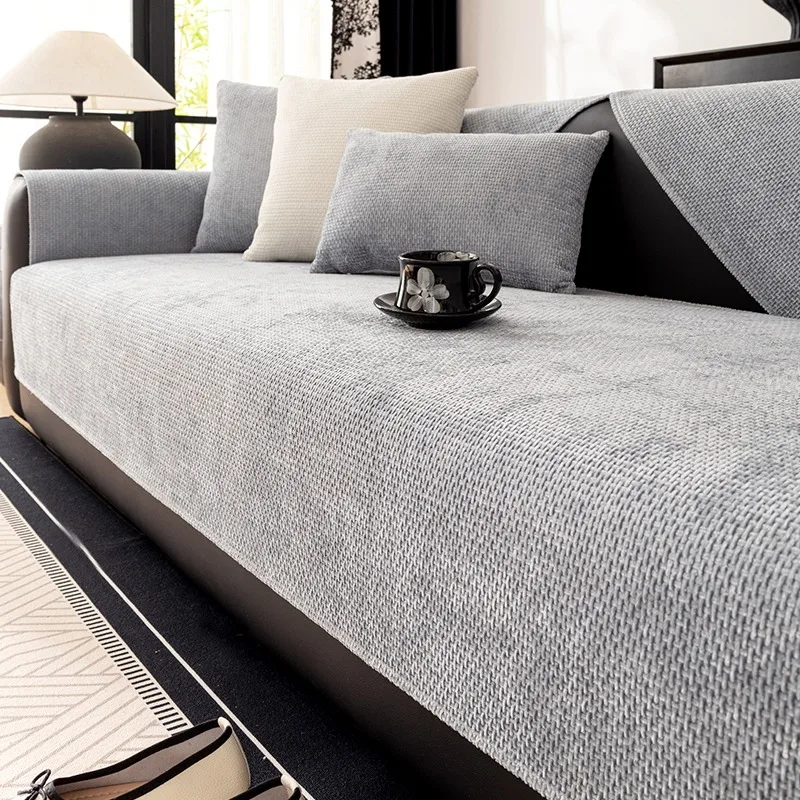 Solid Weaving Chenille Sofa Cover for Living Room Pets Kids Sofa Towel Mat Solid Color Non-slip Couch Cushion Slipcover