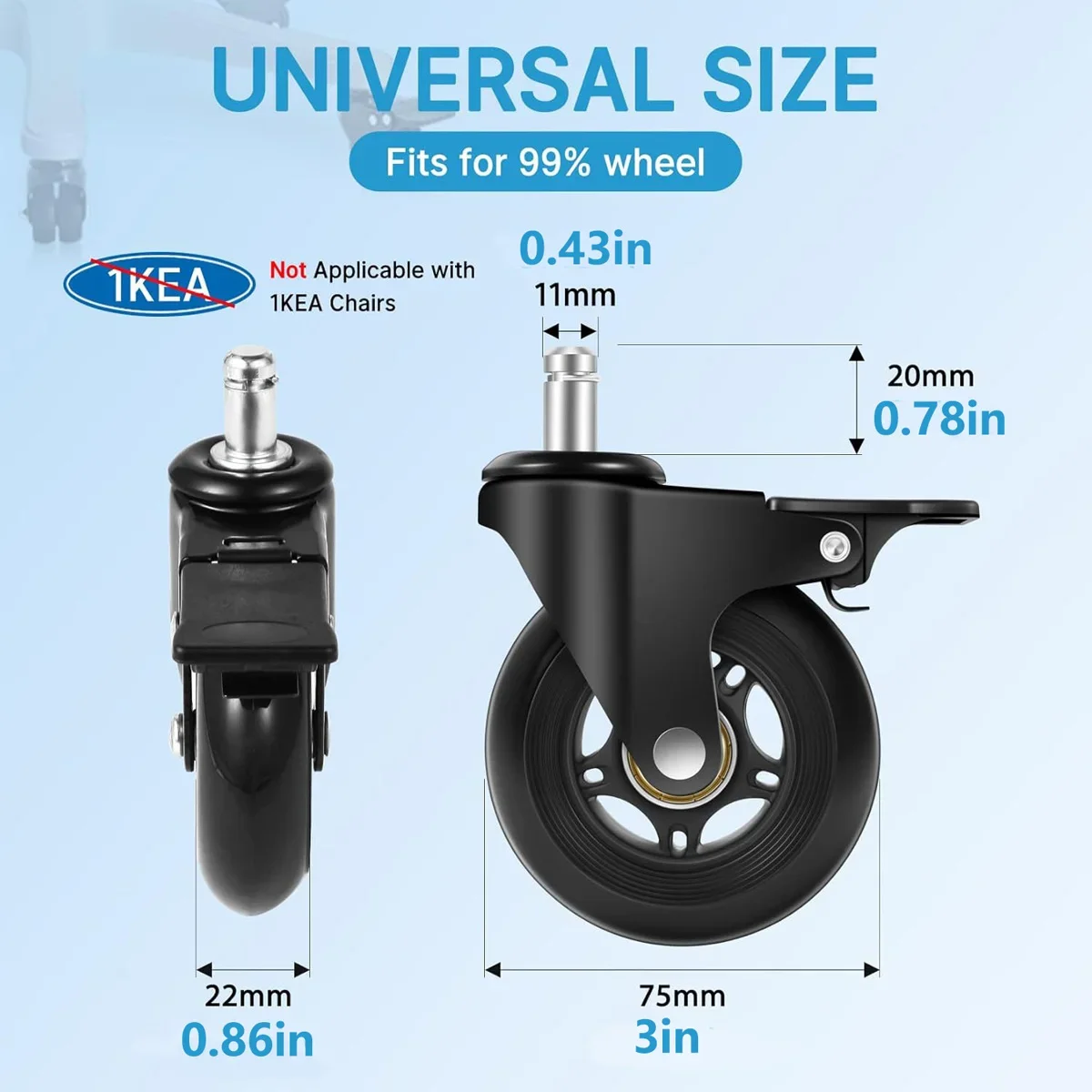 Office Chair Caster Wheels Set of 5 for Tile, Hardwood Floors and Carpets, Universal Fit for Most Chairs (Black with Brake)