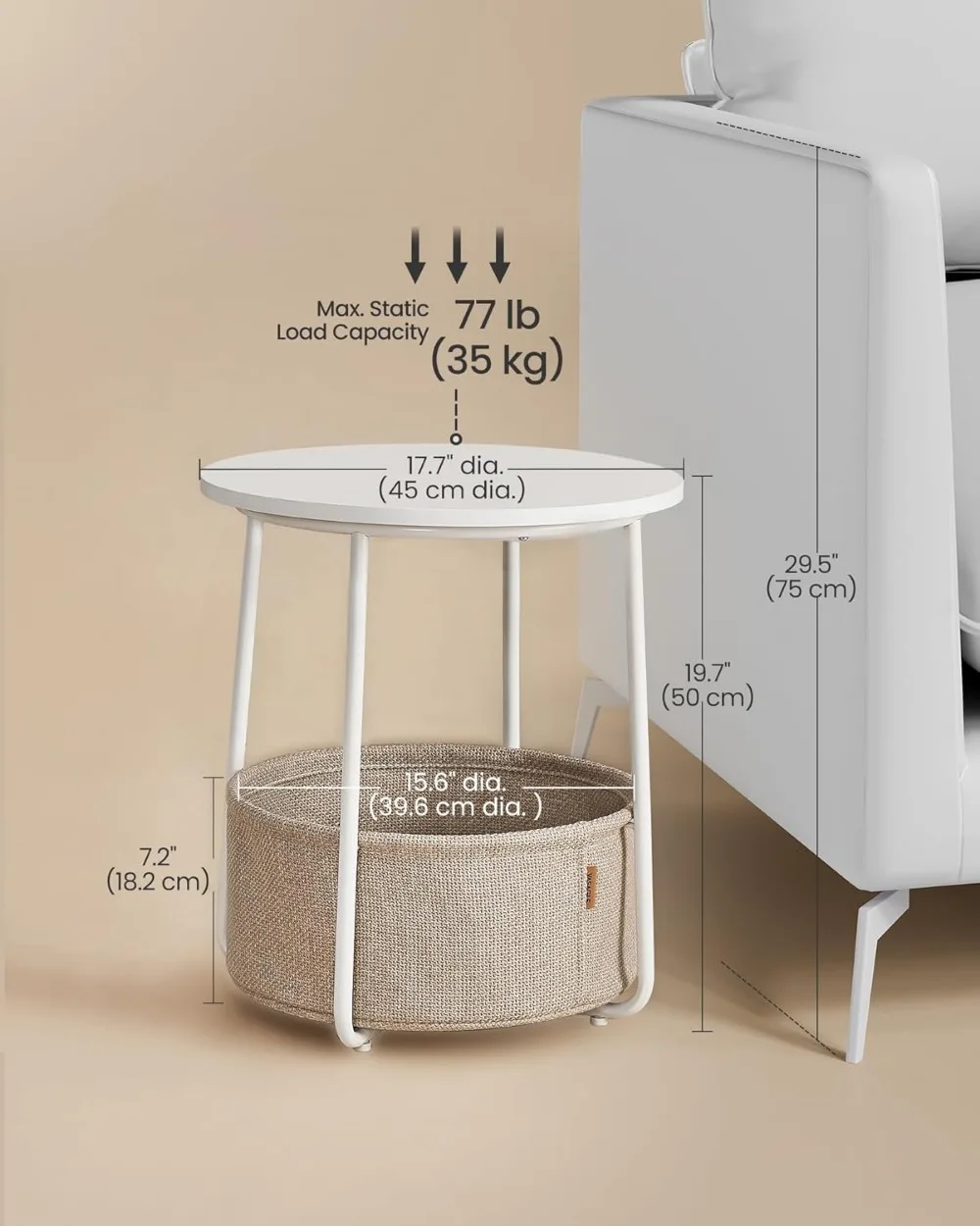 Modern Round Side Table with Fabric Storage Basket, Small Nightstand in Matte White and Brown