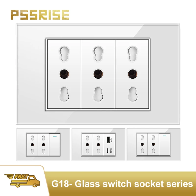 

PSSRISE White Tempered Glass Italy socket USB Type C 20W Fast Charging Wall Socket Light Switch Socket Schuko TV Tel Computer