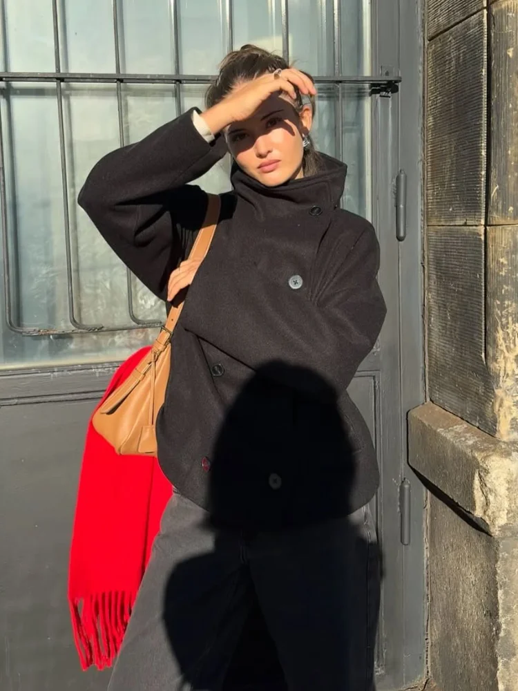 Abrigo corto de lana con cuello levantado para mujer, abrigo elegante de manga larga con doble botonadura, liso y holgado, prendas de vestir exteriores de moda 2025