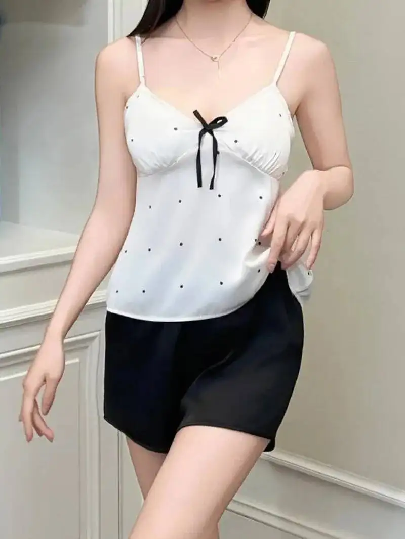 أنيقة الشاش الصيف الساتان المرأة Homewear مجموعة مع منصات الصدر قطعتين ملابس خاصة مع البولكا نقطة طباعة السراويل مجموعات عادية 4GV3 #1