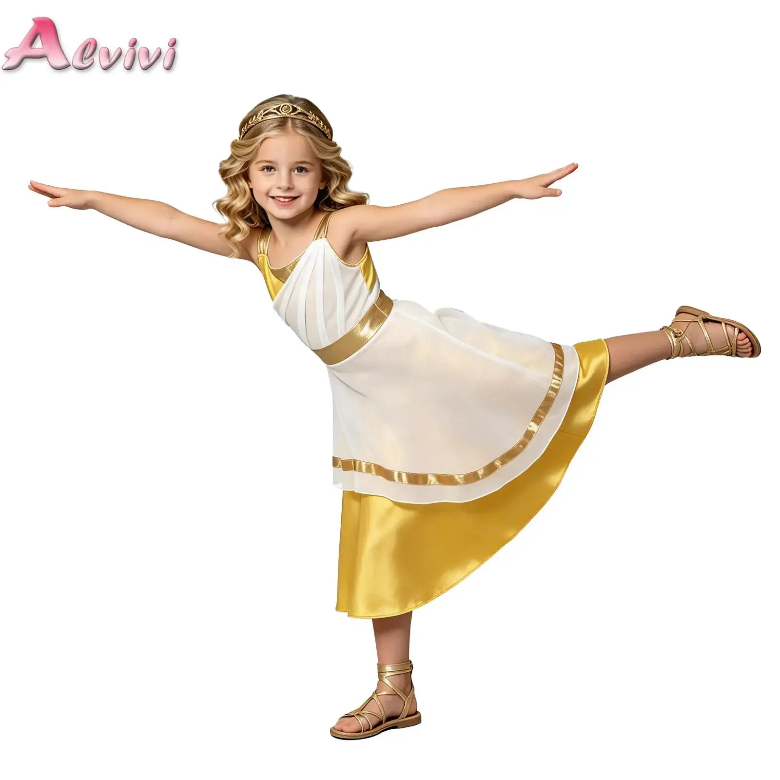 Kids Girls Color-blocked Layered Praise Dance Robe Sleeveless Metallic Trim Church Choir Dress Theme Party Ancient Greek Costume