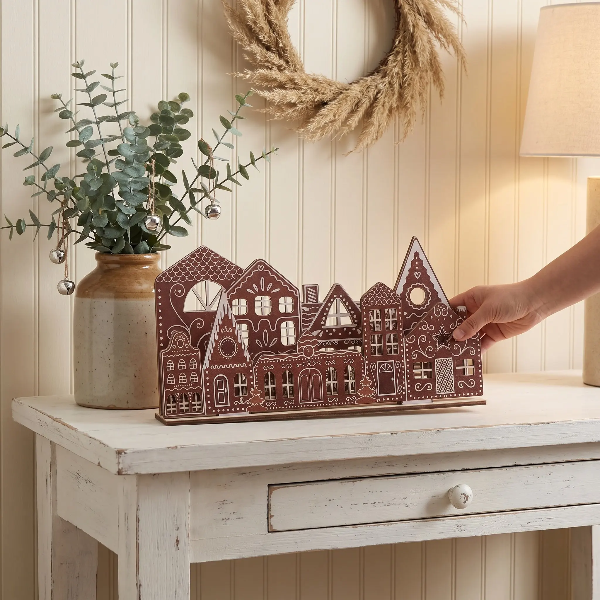 Wooden Christmas Village Figurine Rustic Gingerbread House Tabletop Centerpiece Cottage Ornament Farmhouse Holiday Desk Decor