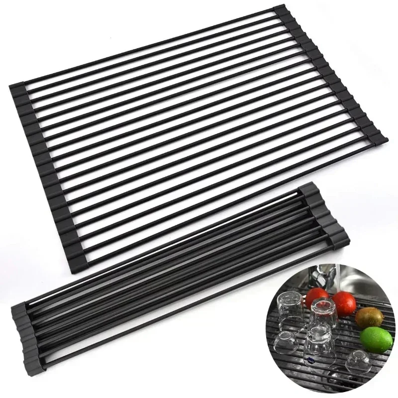 2026 New Large Roll Up Dish Drying Rack Foldable Stainless Steel Sink Drainer Coated Kitchen Tableware Storage Holder