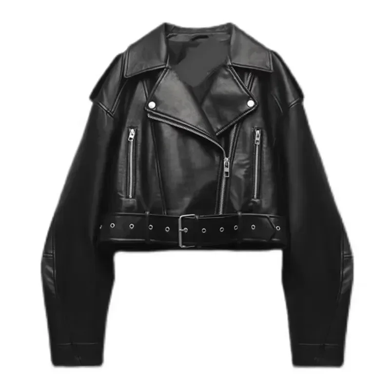 

Women's Short PU Leather Jacket Oversized Vintage Loose Fit with Belt Retro Moto Biker Coat Streetwear Outerwear
