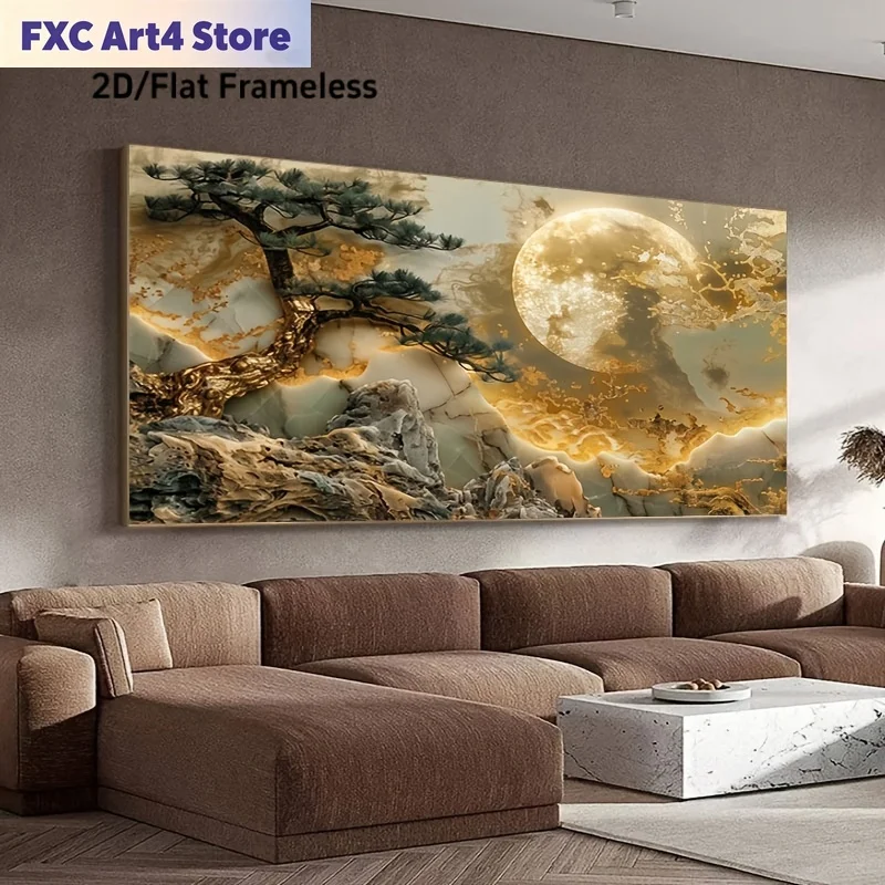 Rahmenlose, extragroße Dekorationsmalerei für Wohnzimmer, Wandkunst, Leinwanddruck, Mondlicht, goldener Baum, Landschaft, moderne Heimdekoration, F
