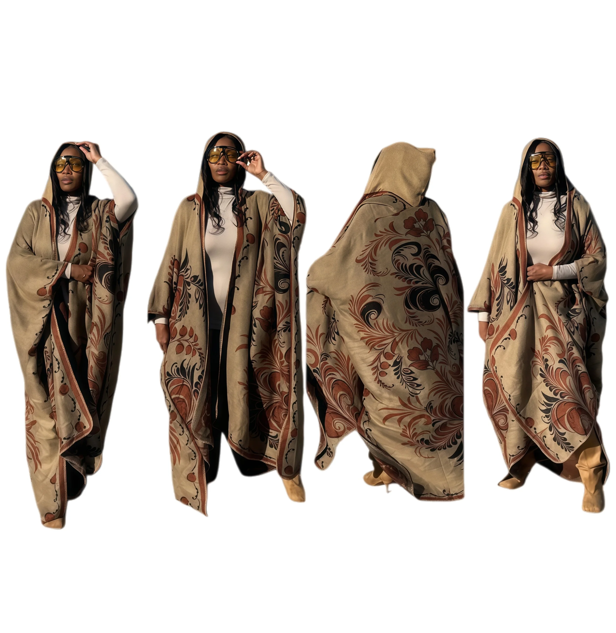

African Women Winter Open Front Long Cardigans Oversize Printed Loose Hooded Kimono Lady Warm Ponchos For Holiday