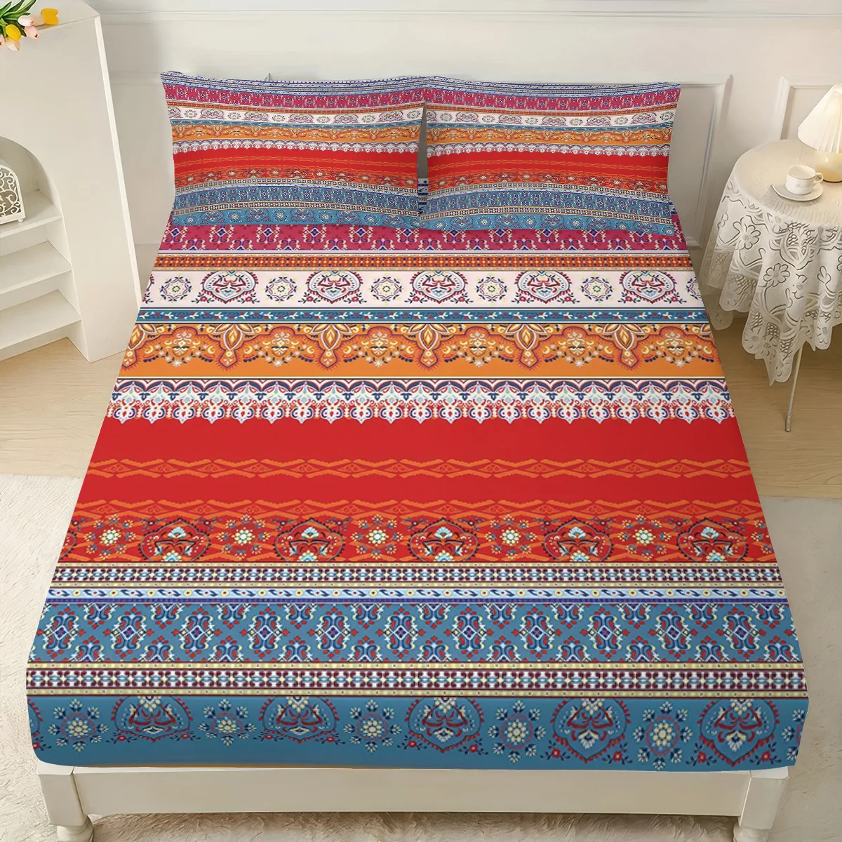 Bohemian Flannel Printed Fitted Sheet 3PCS Set with Pillowcases & Mattress Protector - Full Wrap Dust Cover for Simmons