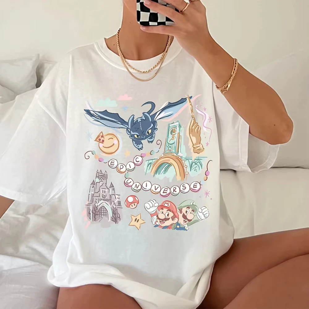 2025 ديزني ريترو الأسرة قميص للنساء الصيف فضفاضة وتنفس القطن جولة الرقبة تي شيرت Y2K اليومية مريحة #3