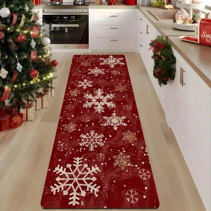 VIKAMA Red Golden Snowflake Runner Mat Merry Christmas Happy New Year Non Slip Washable Rug Hallway Kitchen Festival Decor