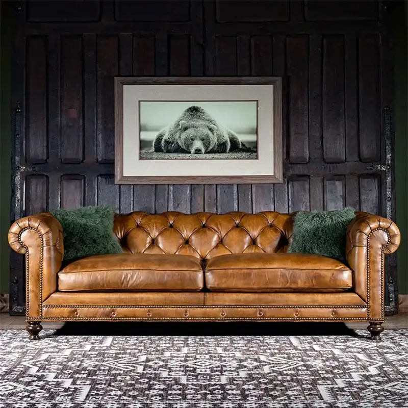 *European Style Retro American Oil Wax Leather Art Top Cowhide Layer Distressed Zipper Solid Wood Living Room Sofa Double Three