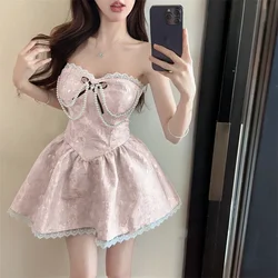 French Princess Lace Hem Birthday Party Mini Dress Pink Blue Strapless Bow Jacquard Fluffy Short Skirt Pearl Chain Fashion Dress