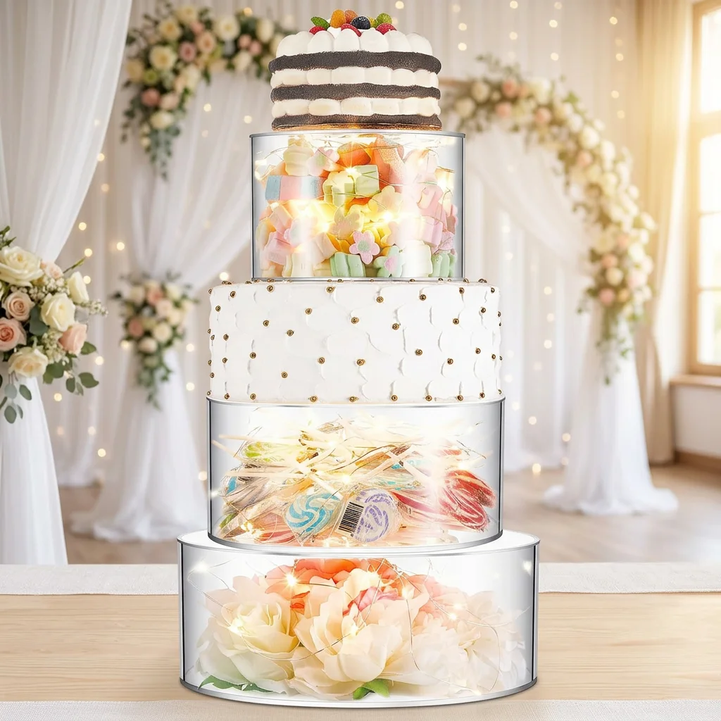 3 Pcs Acrylic Clear Fillable Cake Stand 3 Tier Riser Case Box Wedding Birthday Holiday Party Food Display 3 Sizes