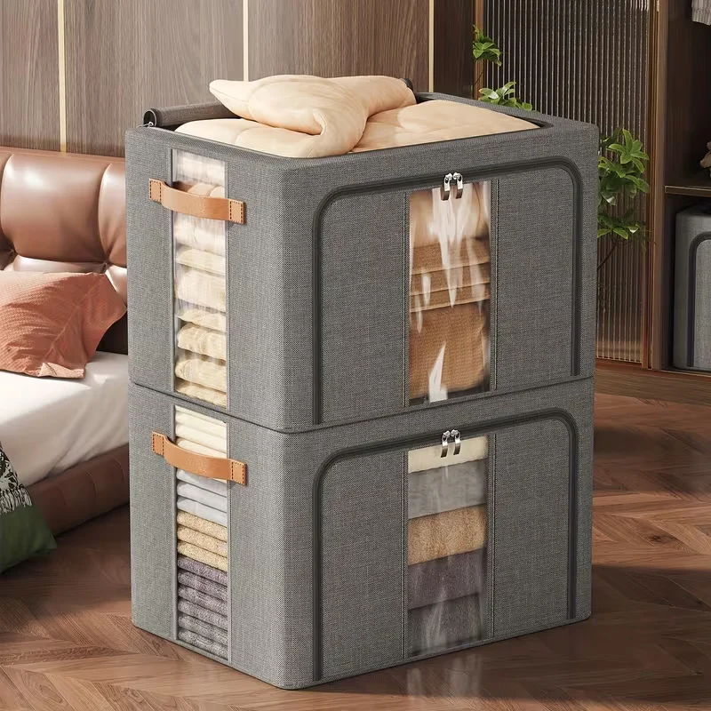 1PC 24/66/100L Large capacity clothes basket Steel frame foldable clothes storage box Cotton quilt hat scarf  Wardrobe organizer