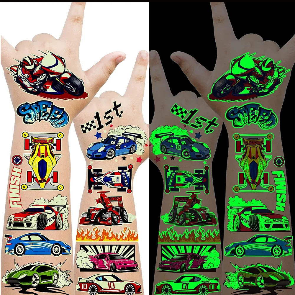 

12 sheets Racing Luminous Temporary Tattoos Kid Glow Cars Birthday Party Supplies Favors Decoration Vehicle Fake Tattoo Stickers