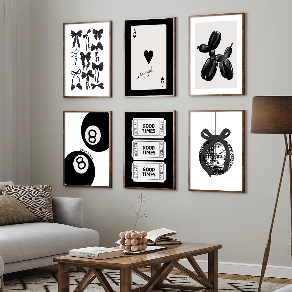 مجموعة من 6 أقواس بيضاء سوداء غير مؤطرة ديسكو الكرة Preppy الفن العصرية المشارك Coquette جرلي غرفة ديكور غير تقليدي اللوحة قماش طباعة #2