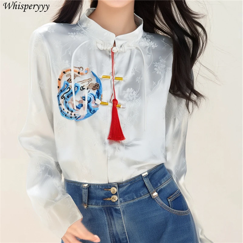 Chinese Style Satin Shirt Disc Buckle Pendant Long Sleeve Shirt Chiffon Tops Spring New Fashion Stand Collar Blouse for Ladies