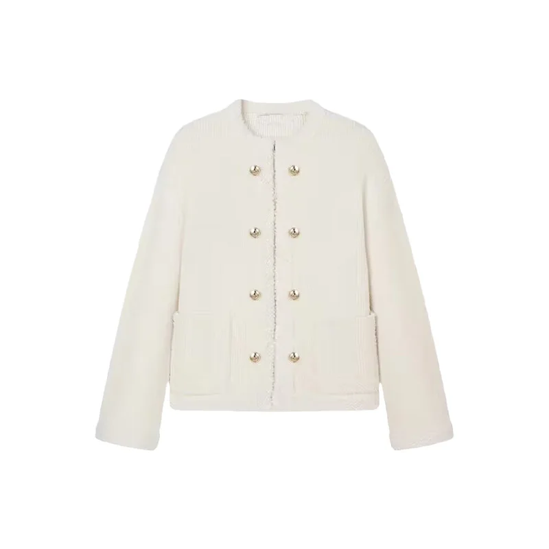 

Lamb Wool Jacket Women Printed Basic Button Through Detail Pockets High Street Baseball Style Cuffs Collar Embellished Campus GF