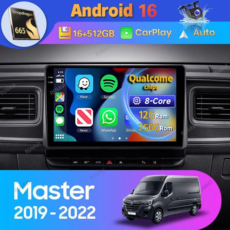 Android 16 Carplay Auto For Renault Master 2019 2020 2021 2022 Car Radio Navigation DVD Video Player 2 Din Stereo 360 Camera DSP