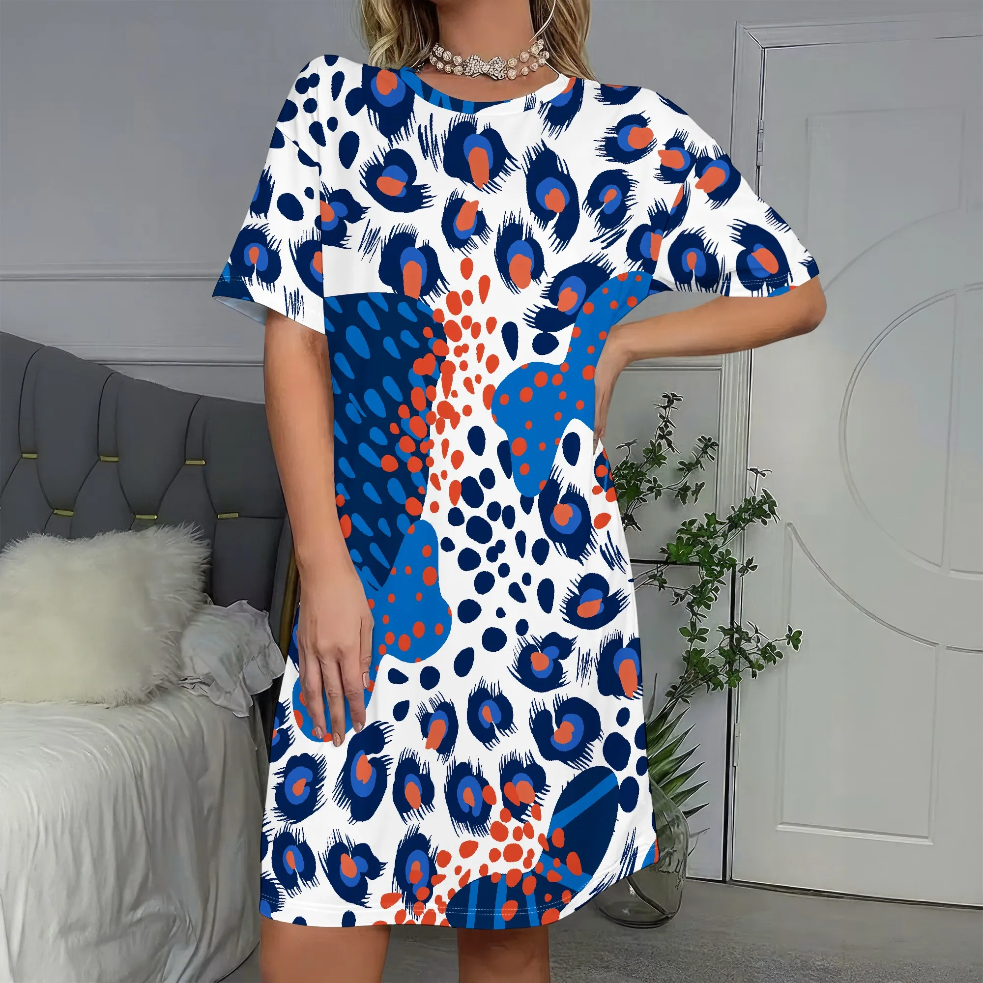 

Bold Leopard Print, Short Sleeve Dress, Blue Orange Pattern, Abstract Animal Design, Casual Summer Wear, Women's Fashion, S-2XL
