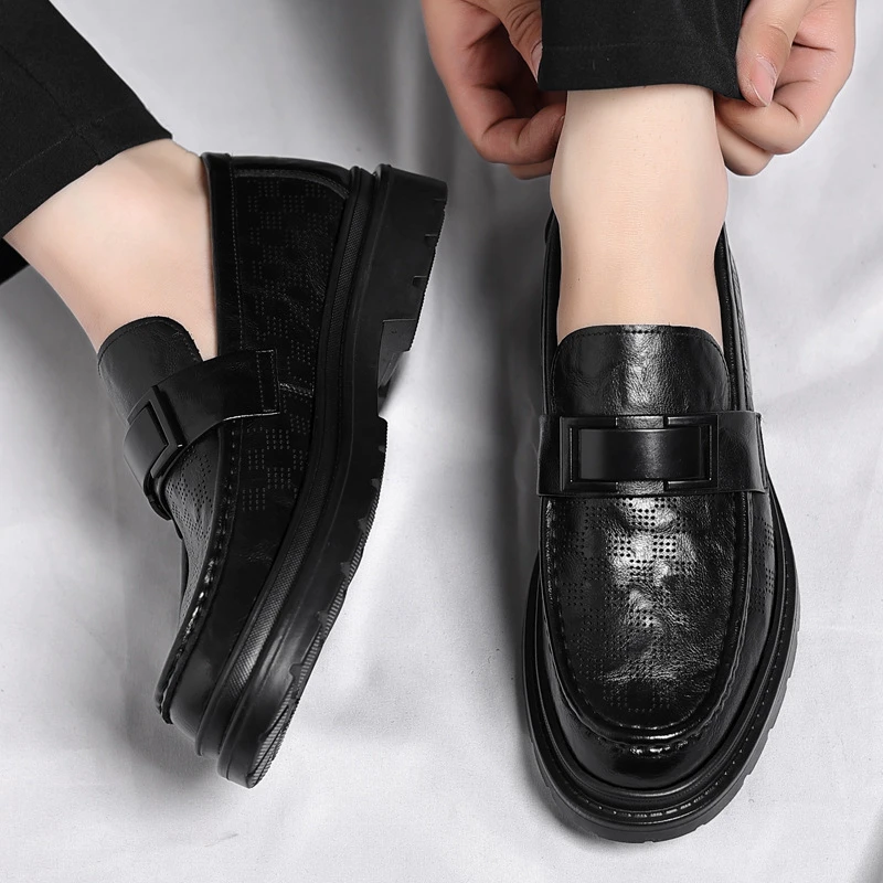 

Mens Brown Burnished Genuine Leather Perforated Slip On Loafers Chunky Sole Formal Business Office Shoes Hollow Casual Slip-Ons