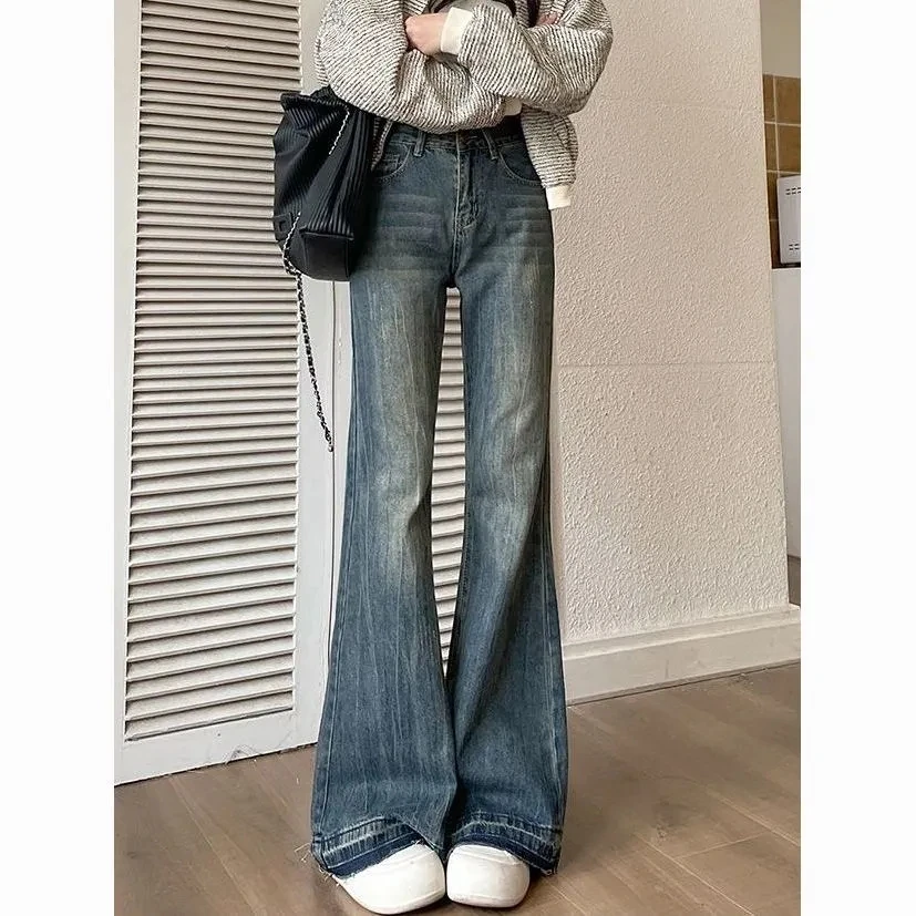 

Retro raw-edged bootcut jeans for women, spring and autumn new style, high-waisted, loose, slimming, wide-legged and flared trou