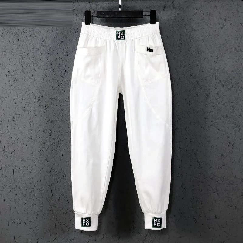 QNPQYX New Spring Summer Korea Fashion Women Elastic Waist Loose White Jeans All-matched Casual Cotton Denim Harem Pants