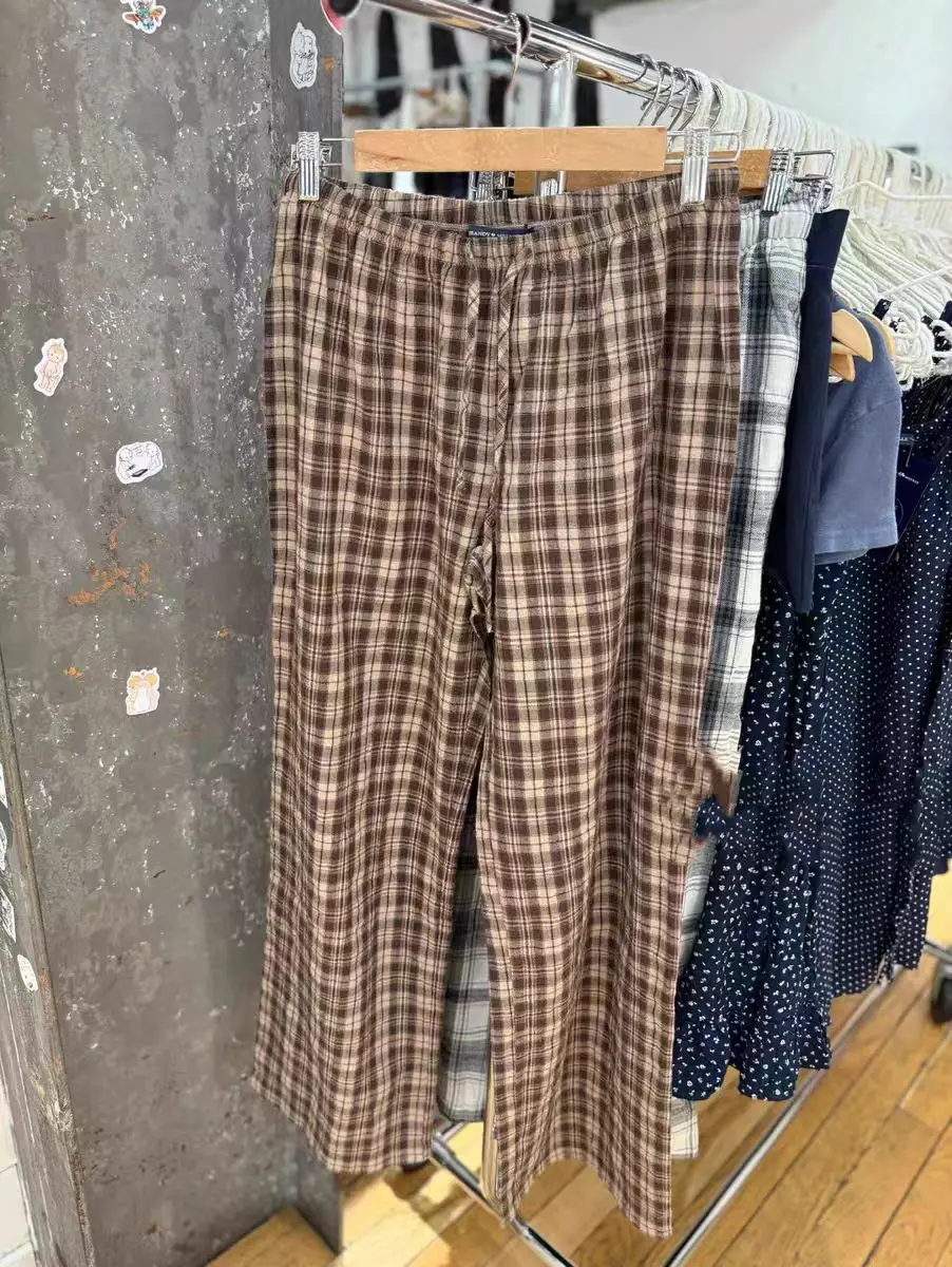 

Американские брюки в клетку с высокой талией и широкими штанинами, весенне-осенние, с эластичным поясом, повседневные, прямые, модные, стройнящие