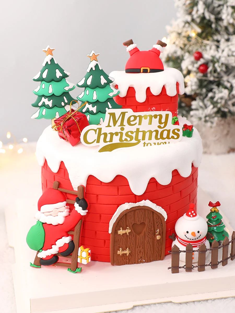 Christmas Baked Cake Decoration Spoof Soft Rubber Climbing Stairs Santa Claus Cake Topper Insert Happy Holiday Dessert Insert