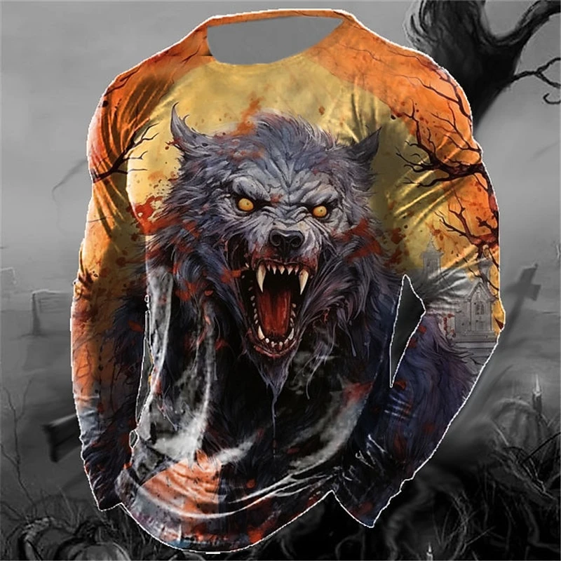 Vintage Wolf Graphic Sweatshirt Men Halloween 3D Printed Crew Neck Long Sleeve Gothic Horror Casual Unisex Pullover Autumn Tops