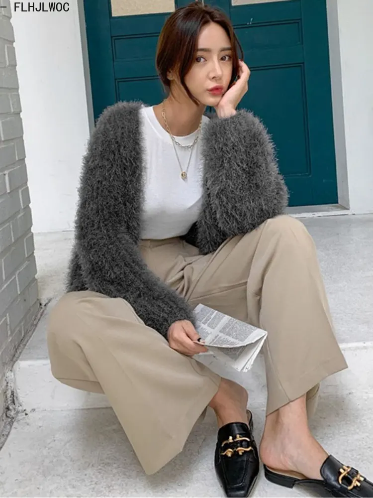 Chic Korean Cute Clothes Autumn Winter Women Long Sleeve Casual Loose Lazy Girls Purple Pink Knitted Sweater Cardigans