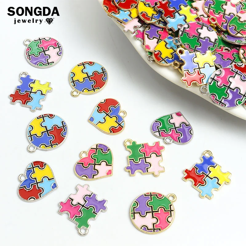 10pcs Mix Style Autism Awareness Enamel Charms Autistic Care Puzzle Pendants Fit Women Men Jewelry Making DIY Necklace Souvenirs