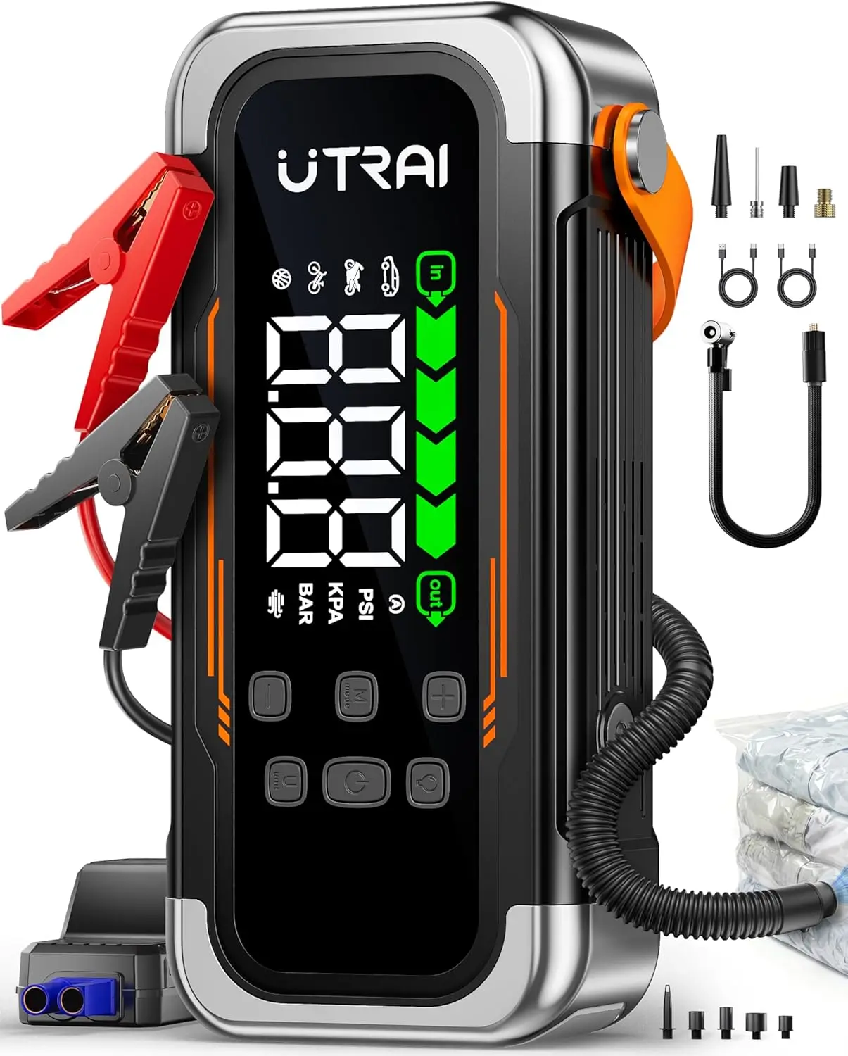 

Portable Jump Starter with Air Compressor, 6000A Peak for All Gas & Diesel Engines, 150PSI Tire Inflator, PD Fast Charge